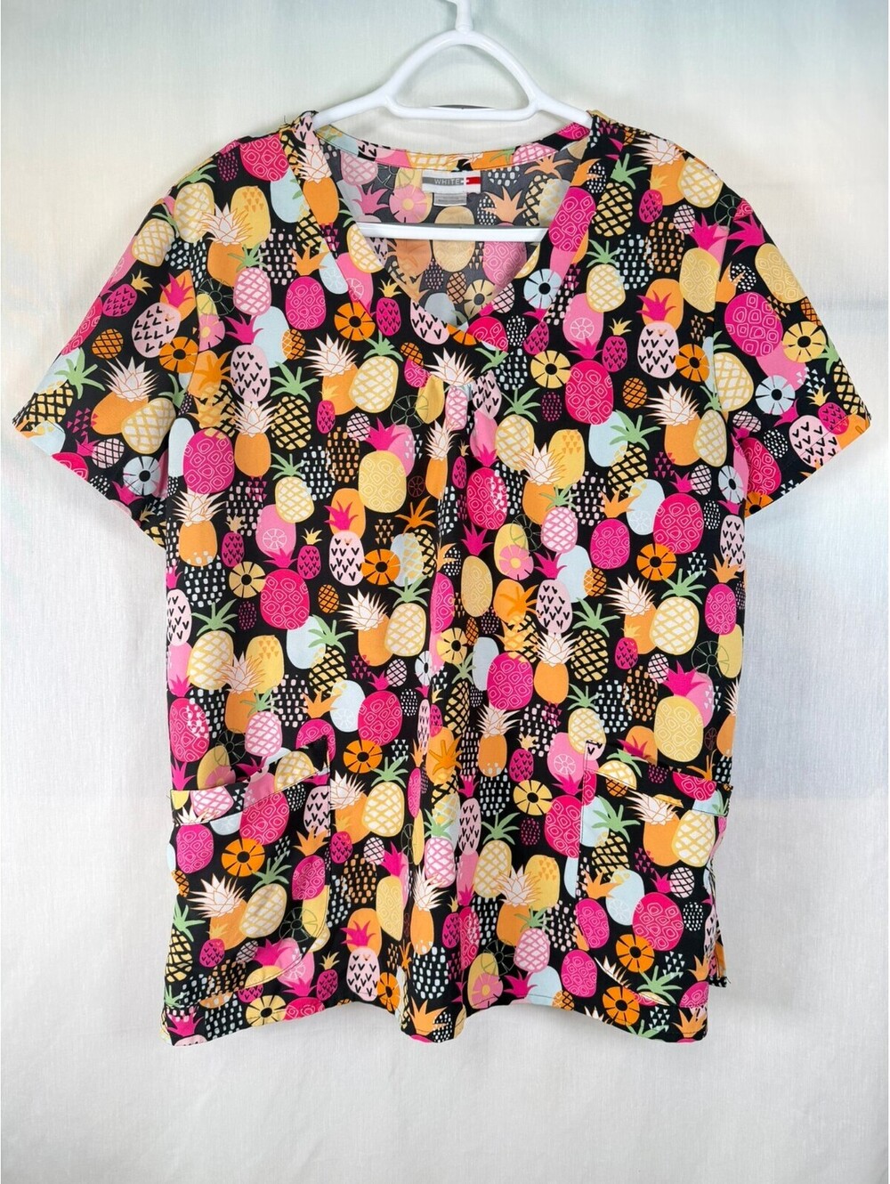 White Cross Scrub Top Fruit Print Women's Large